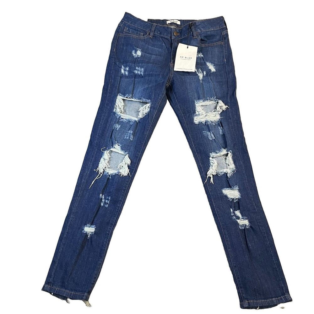AP Blue Aphrodite Jeans Blue Denim Distressed Rip Holes Mid Rise Juniors Size 15